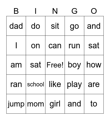 Kindergarten Sight Words Bingo Card