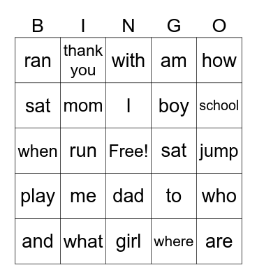 Kindergarten Sight Words Bingo Card