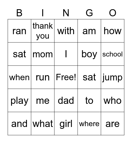 Kindergarten Sight Words Bingo Card