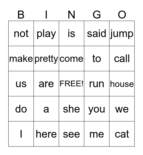 Sight Word Bingo Card