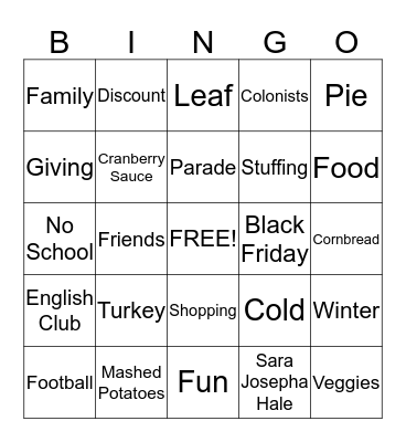 Thanksgiving  Bingo Card