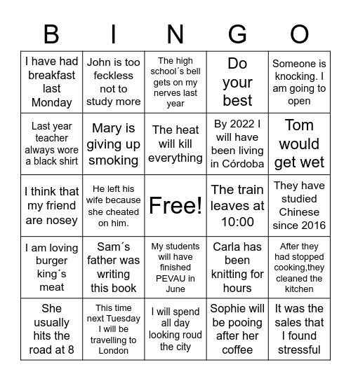 VERB TENSES Bingo Card