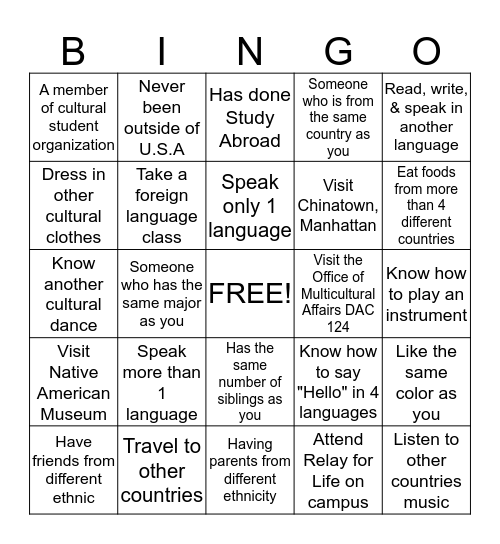 Multicultural Bingo Card