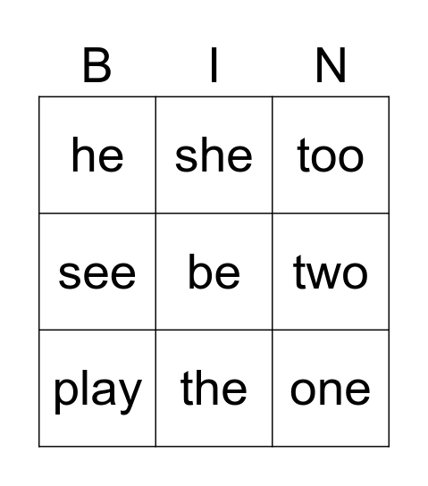 KG2 Vocabulary Bingo Card