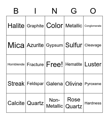 Mineral Identification Bingo Card