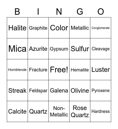 Mineral Identification Bingo Card