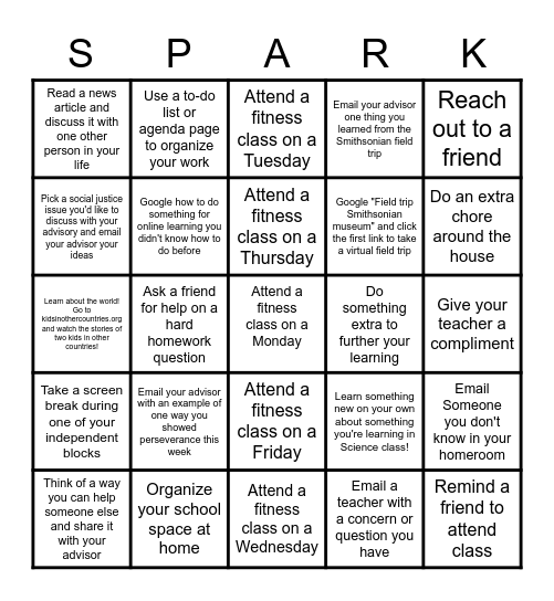 Awesome October Spark Bingo Card