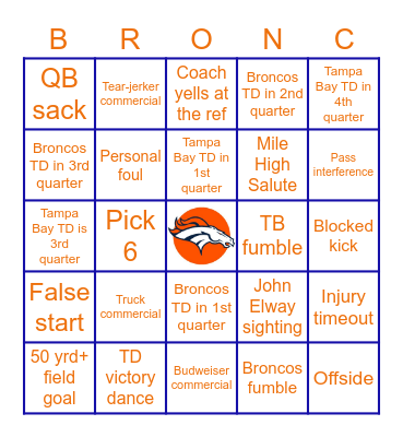 Broncos vs Buccaneers Bingo Card
