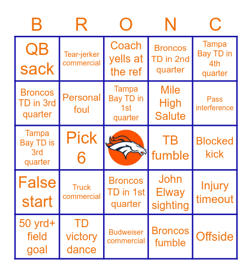 Broncos vs Buccaneers Bingo Card