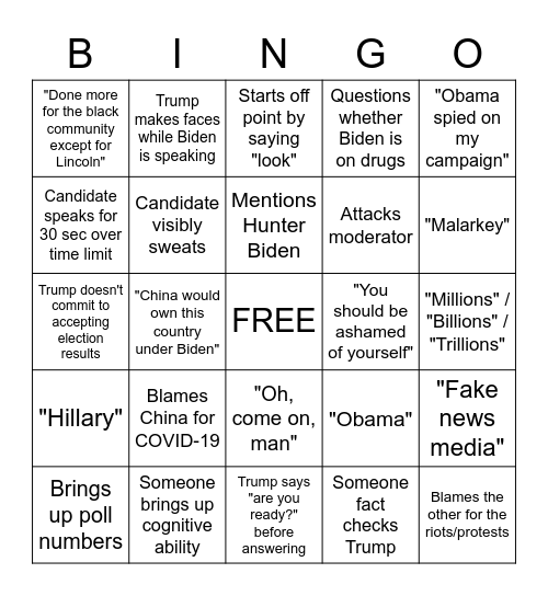 First 2020 Presidential Debate Bingo Card