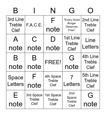 Treble Clef Bingo! Bingo Card