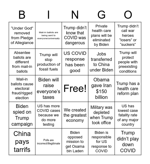 Trump Debate Lies Bingo Card