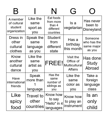 Multicultural Bingo Card