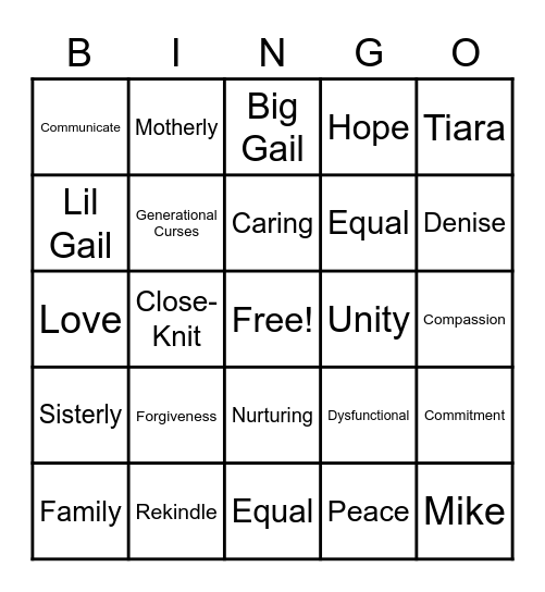 All In The Family Bingo Card