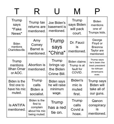 2020 2nd Presidential Debate Bingo Card