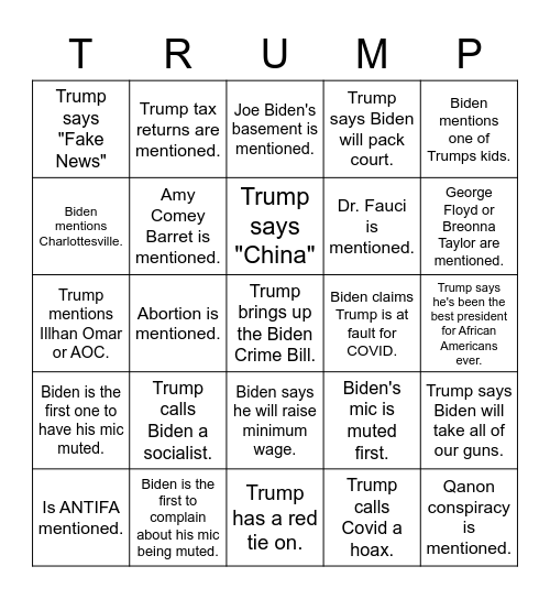 2020 2nd Presidential Debate Bingo Card