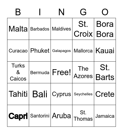 Island Destinations Bingo Card