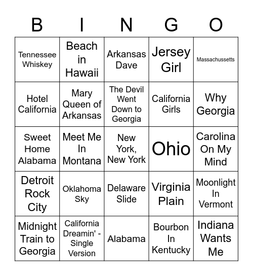 Songs With State Names In The Title Bingo Card