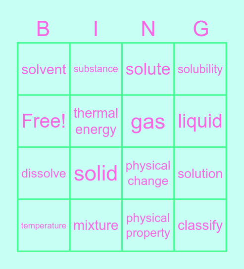 Mixtures and Solutions Bingo Card