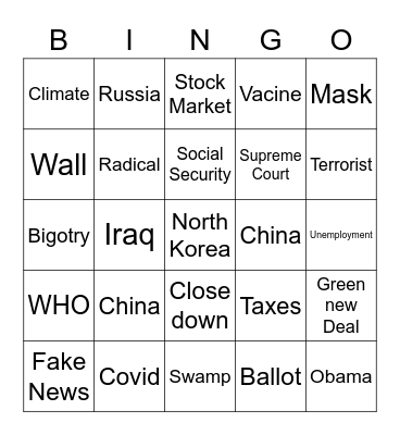Debate 2020 Bingo Card