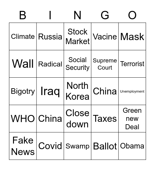 Debate 2020 Bingo Card