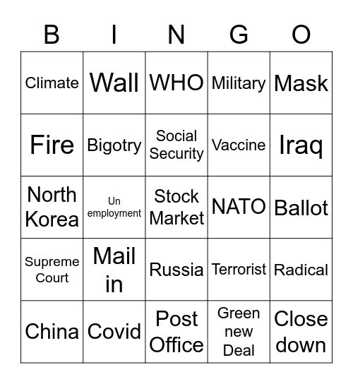 Debate 2020 Bingo Card