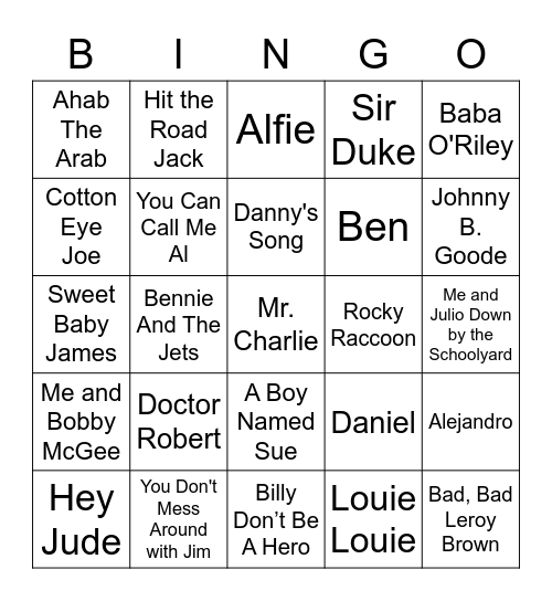 Songs With Boys/Boy Names In The Title Bingo Card