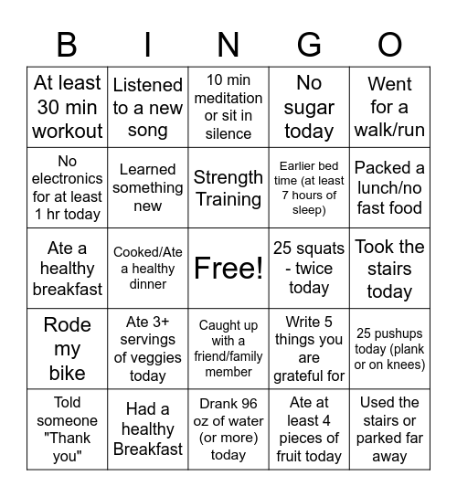 25 Day Wellness Bingo Card