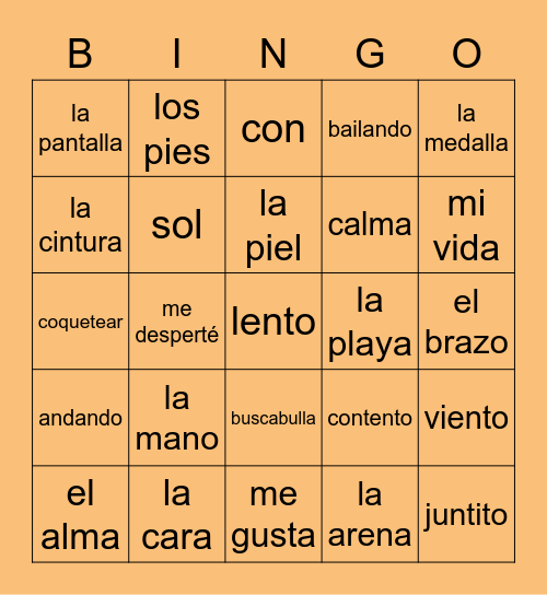 CALMA canción Bingo Card