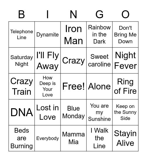 Song Titles Bingo Card