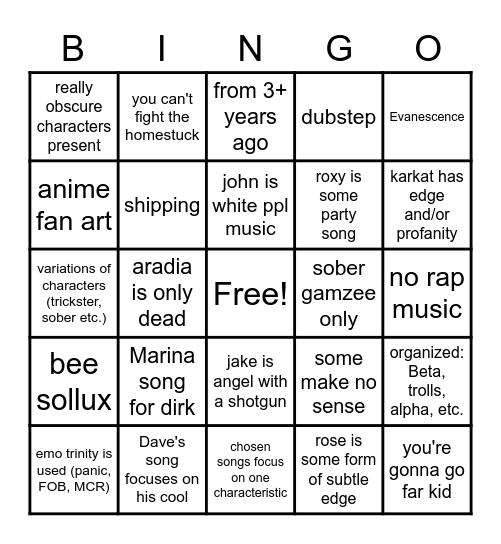 homestuck character themes videos Bingo Card