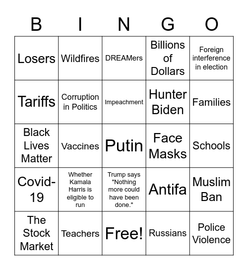2020 Presidential Debate Bingo Card