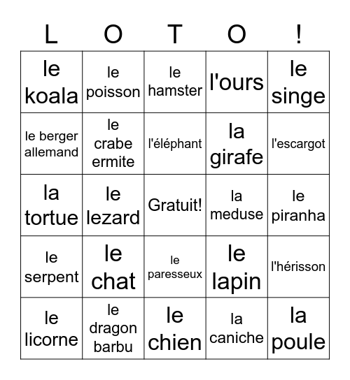 Des Animaux! (Mots) Bingo Card
