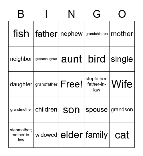 French 2 Family Vocab Bingo Card