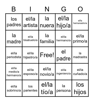 Familia Vocab Bingo Card