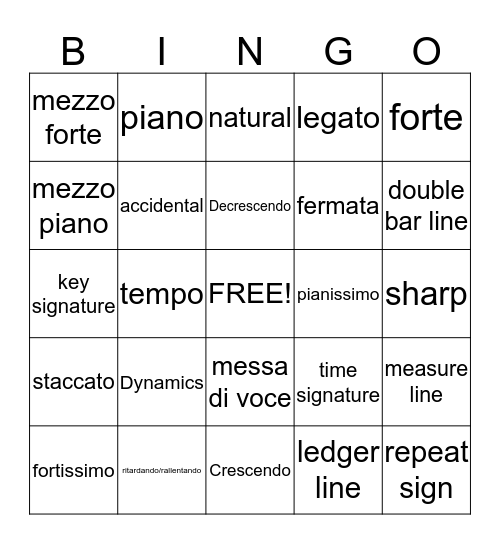 Music Vocabulary Bingo Card