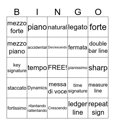 Music Vocabulary Bingo Card