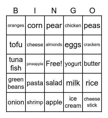 Food Group Bingo Card