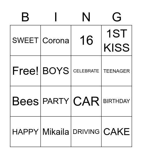 HAPPY SWEET 16 Mikaila Bingo Card