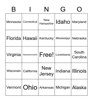 States of the United States Bingo Card