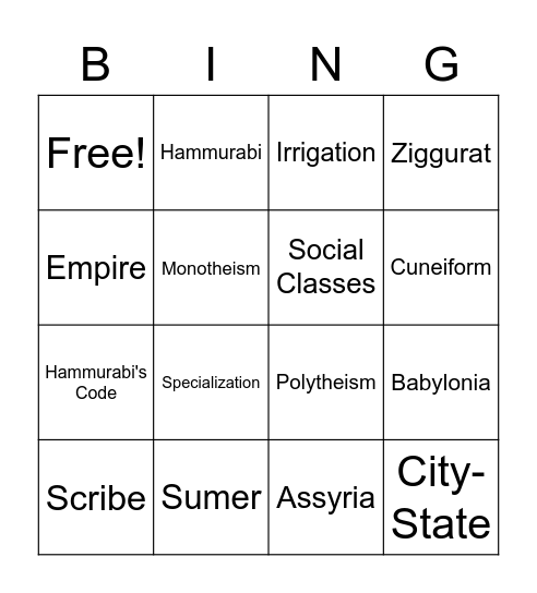Mesopotamia Vocab Bingo Card