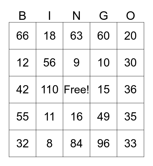 Multiplication Bingo Card