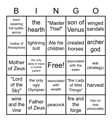 Mythology Bingo Card