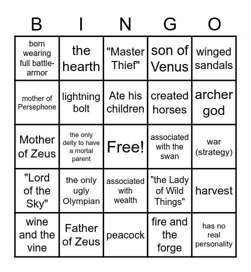 Mythology Bingo Card