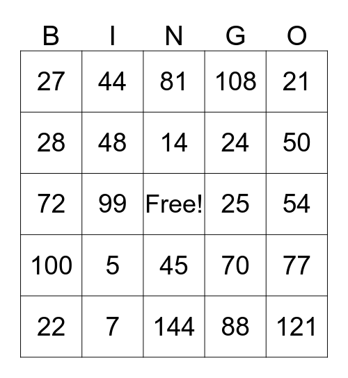 Multiplication Bingo Card