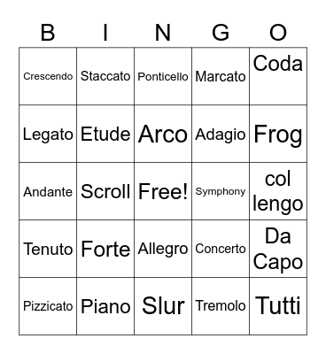 Orchestra Vocabulary Bingo Card