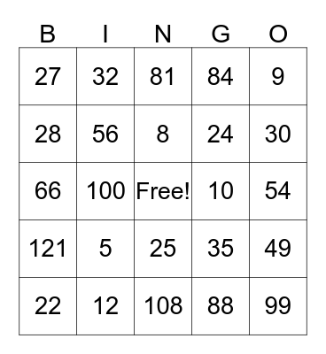 Multiplication Bingo Card