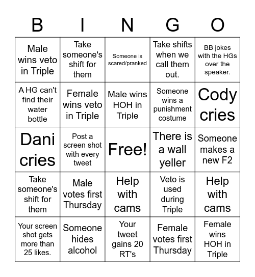 Big Brother Updater Bingo 3 Bingo Card