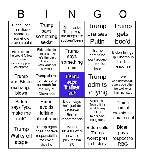 First Presidential Debate Bingo Card