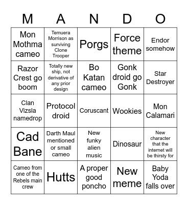 The Mandalorian Season 2 Predictions Bingo Card